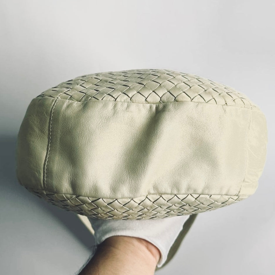 Bottega Veneta BV Beige Intrecciato White Nappa Woven Leather Hobo Baguette Shoulder Bag