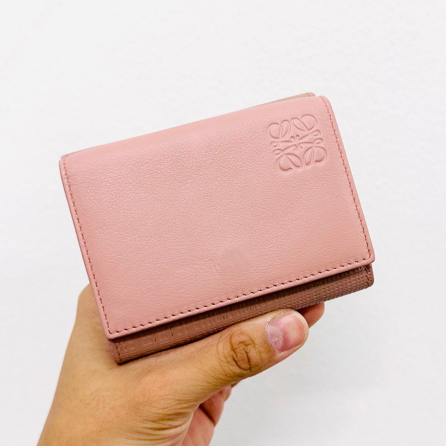 Loewe Blush Pink Giant Monogram Logo Anagram Leather Trifold Compact Flap Wallet