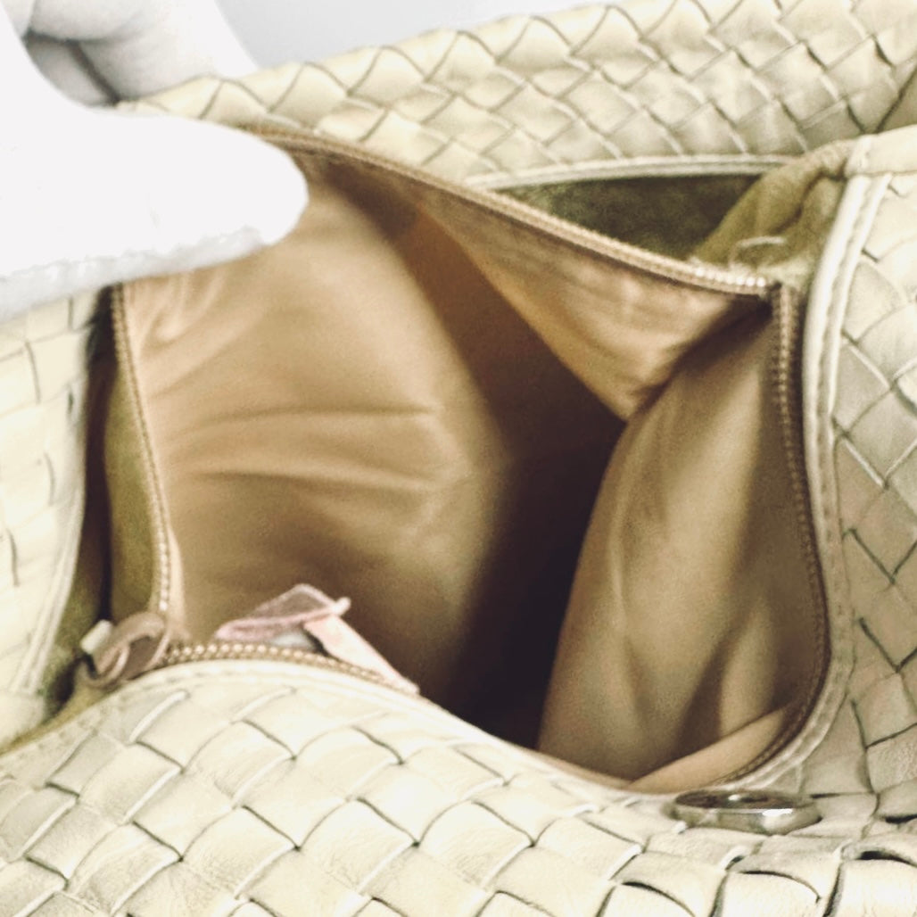 Bottega Veneta BV Beige Intrecciato White Nappa Woven Leather Hobo Baguette Shoulder Bag