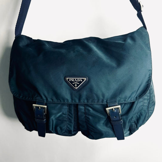 Prada Teal Blue Tessuto Monogram Logo Flap Shoulder Sling Bag