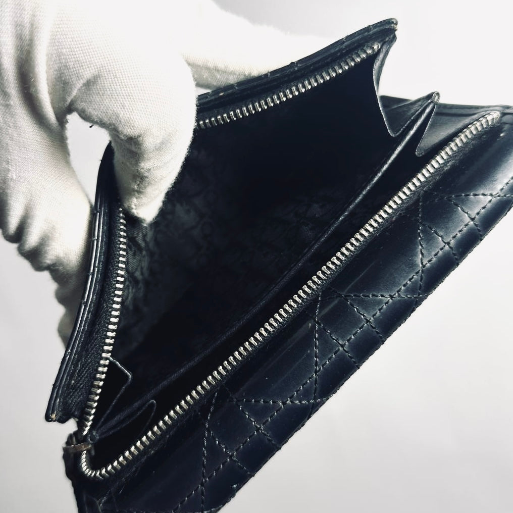 Christian Dior CD Black Lady Dior Cannage Quilted Patent Logo Monogram Flap Long Trifold Wallet