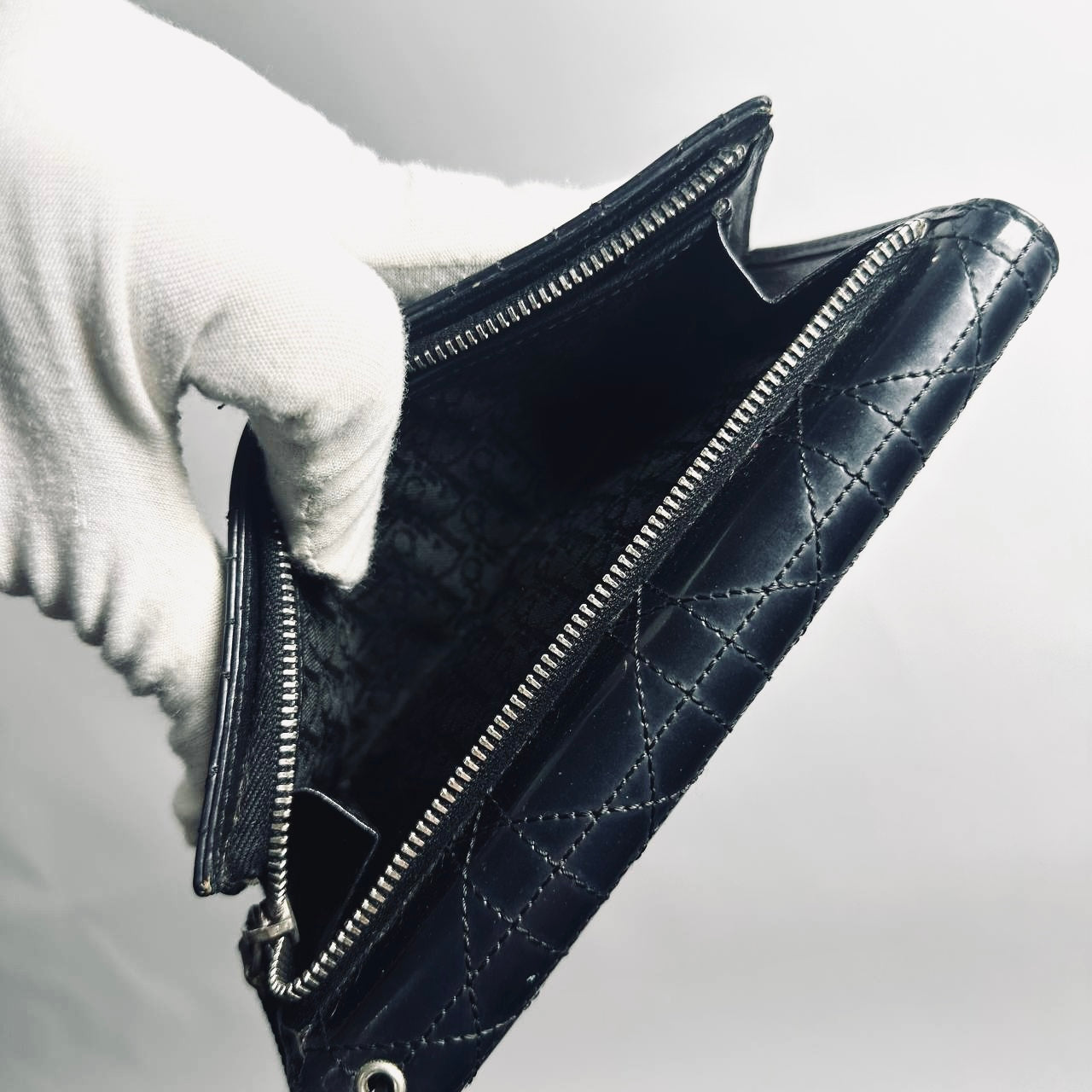 Christian Dior CD Black Lady Dior Cannage Quilted Patent Logo Monogram Flap Long Trifold Wallet