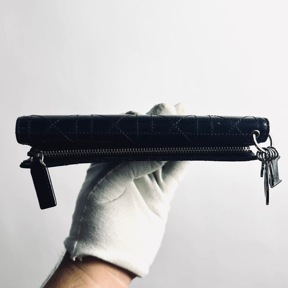 Christian Dior CD Black Lady Dior Cannage Quilted Patent Logo Monogram Flap Long Trifold Wallet