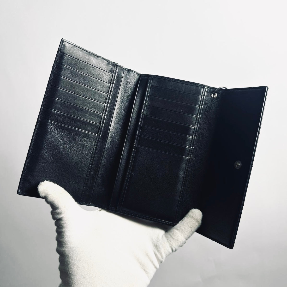 Christian Dior CD Black Lady Dior Cannage Quilted Patent Logo Monogram Flap Long Trifold Wallet