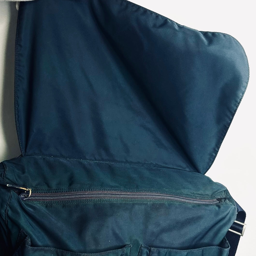 Prada Teal Blue Tessuto Monogram Logo Flap Shoulder Sling Bag
