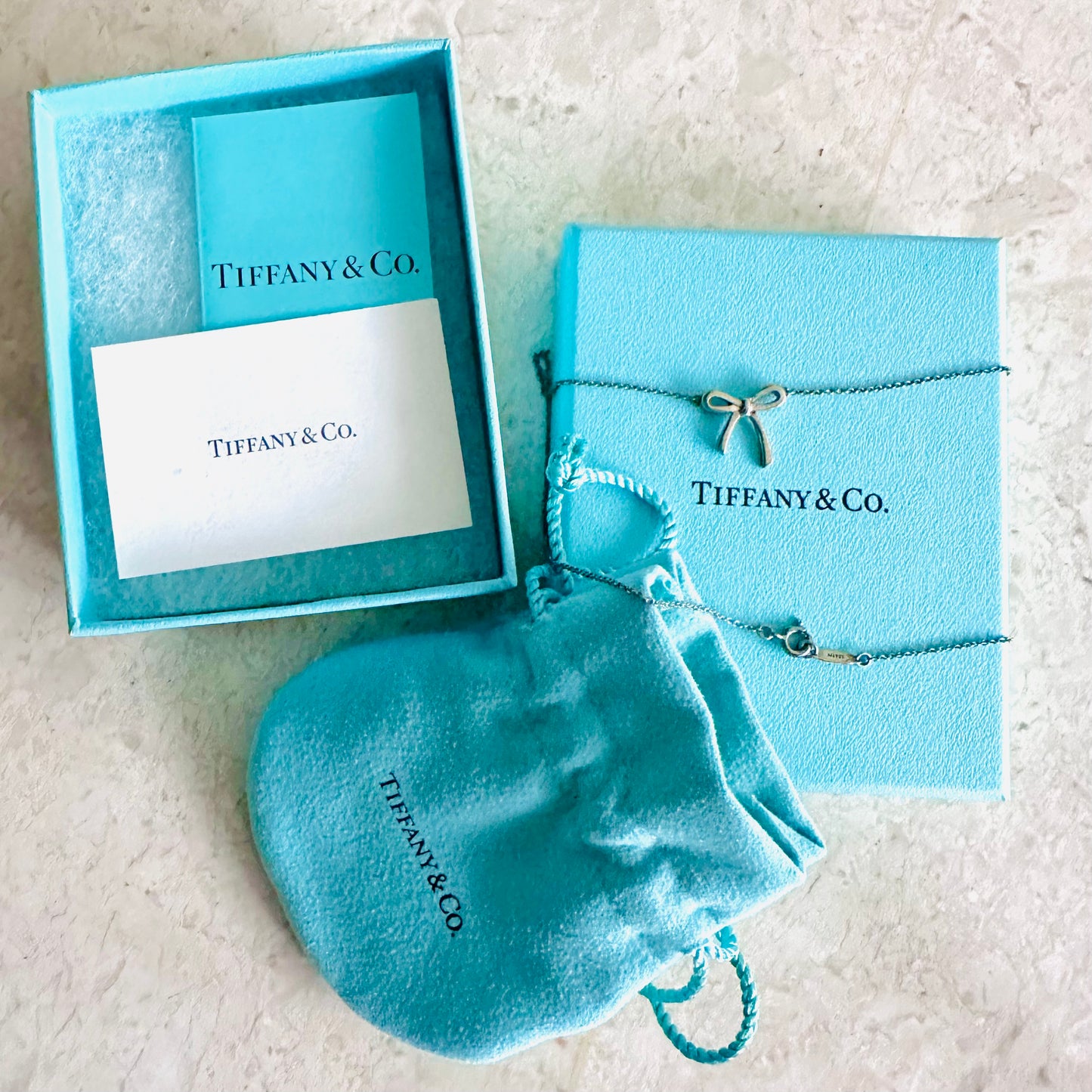 Tiffany & Co T&C Bow Ribbon Pendant Classic 925 Sterling Silver Chain Necklace