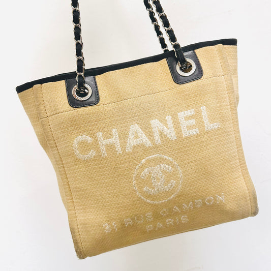 Chanel Beige / Black Deauville PM Small Giant CC Monogram Logo Shoulder Shopper Tote Bag 15s