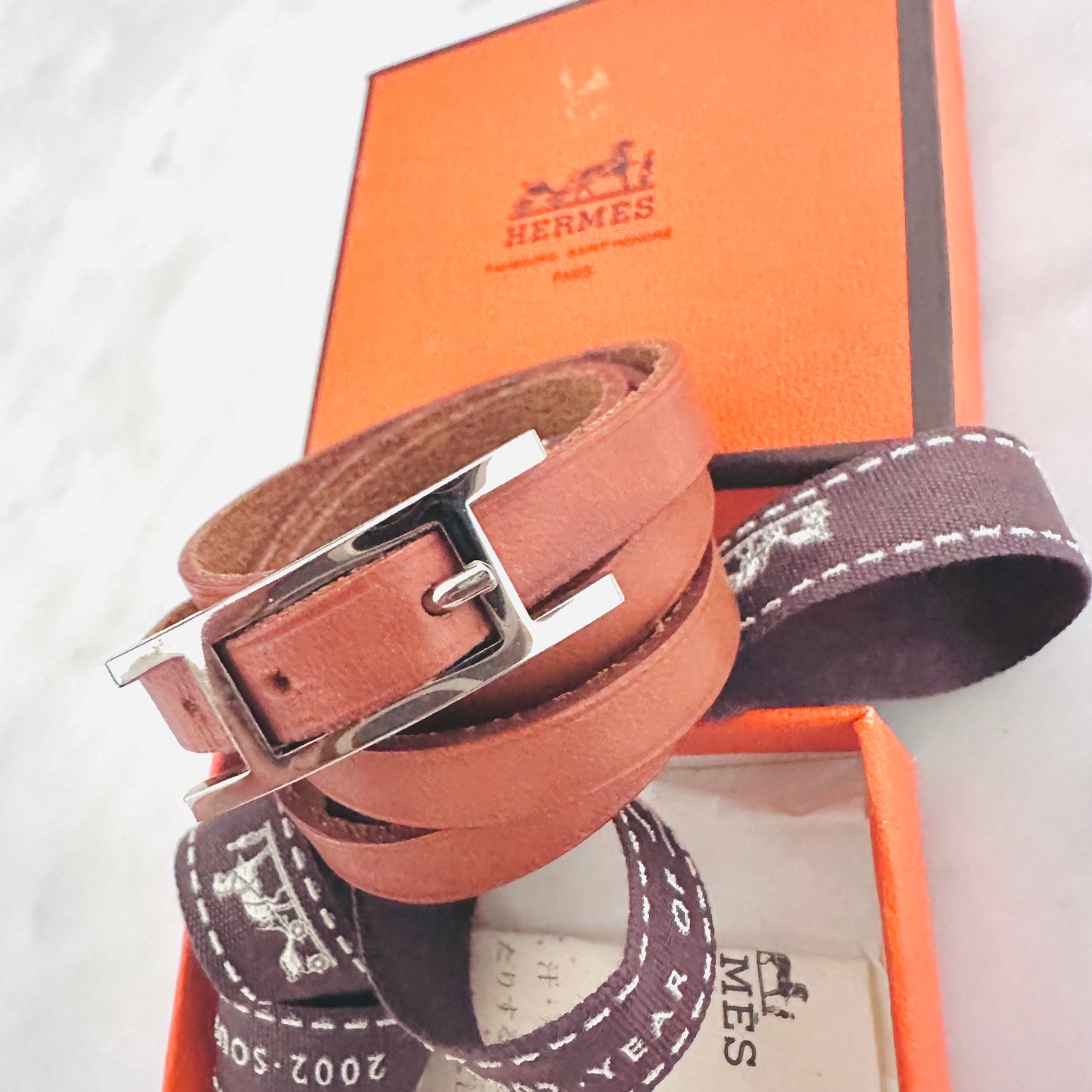 Hermes Brown Behapi Triple Tour Smooth Leather Bracelet