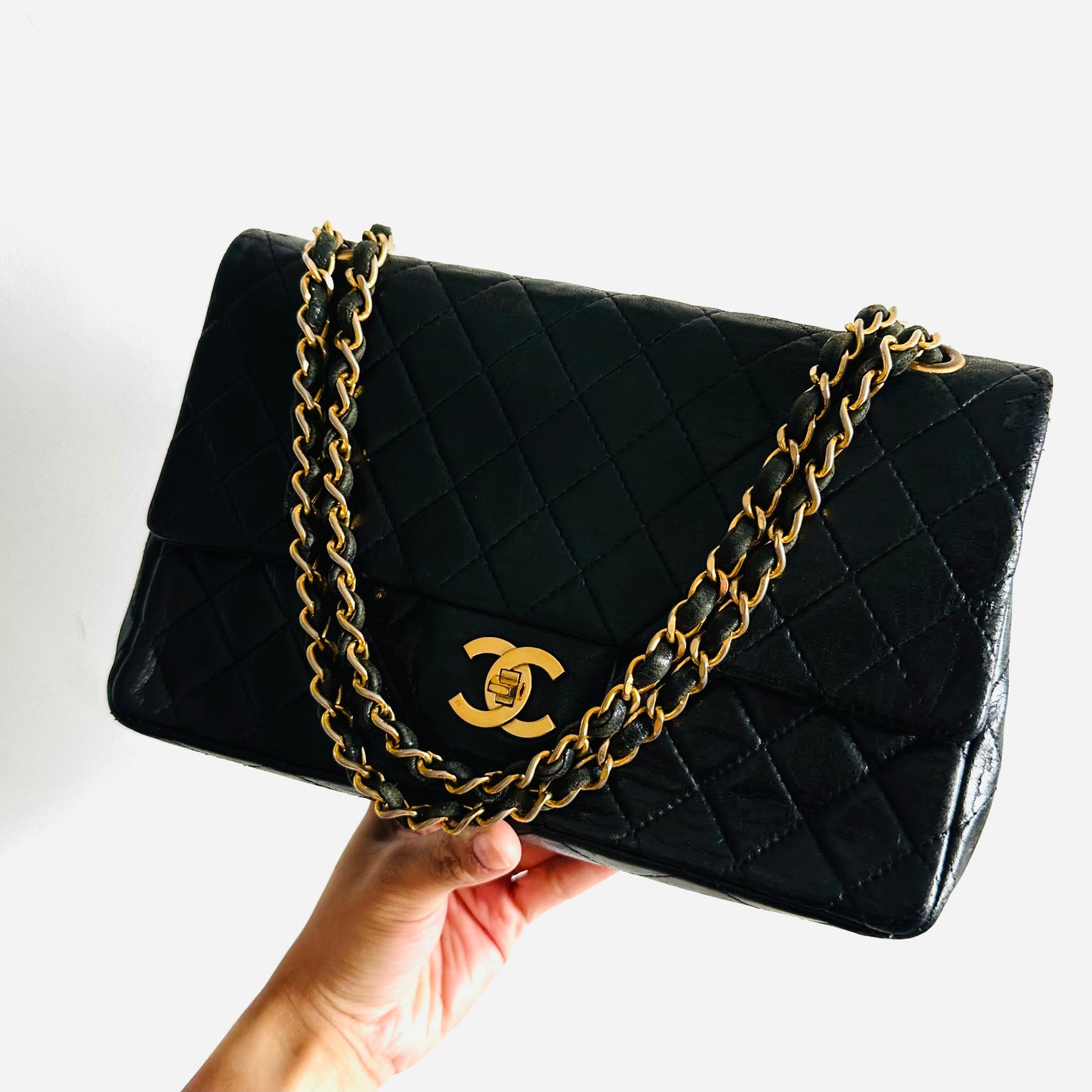Chanel CC Black GHW Logo Medium Classic Double Flap DF Quilted Lambskin Turnlock Vintage Shoulder Sling Bag Pre Series