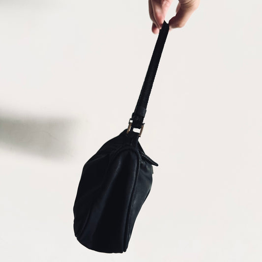 Prada Black Tessuto Classic Monogram Logo Nylon Hobo Pochette Baguette Shoulder Bag