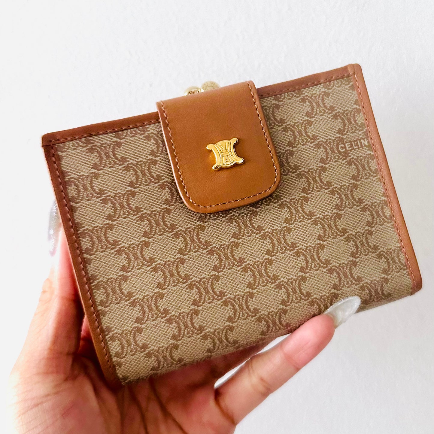 Celine Beige Triomphe Macadam Monogram Logo GHW Flap Compact Bifold Wallet