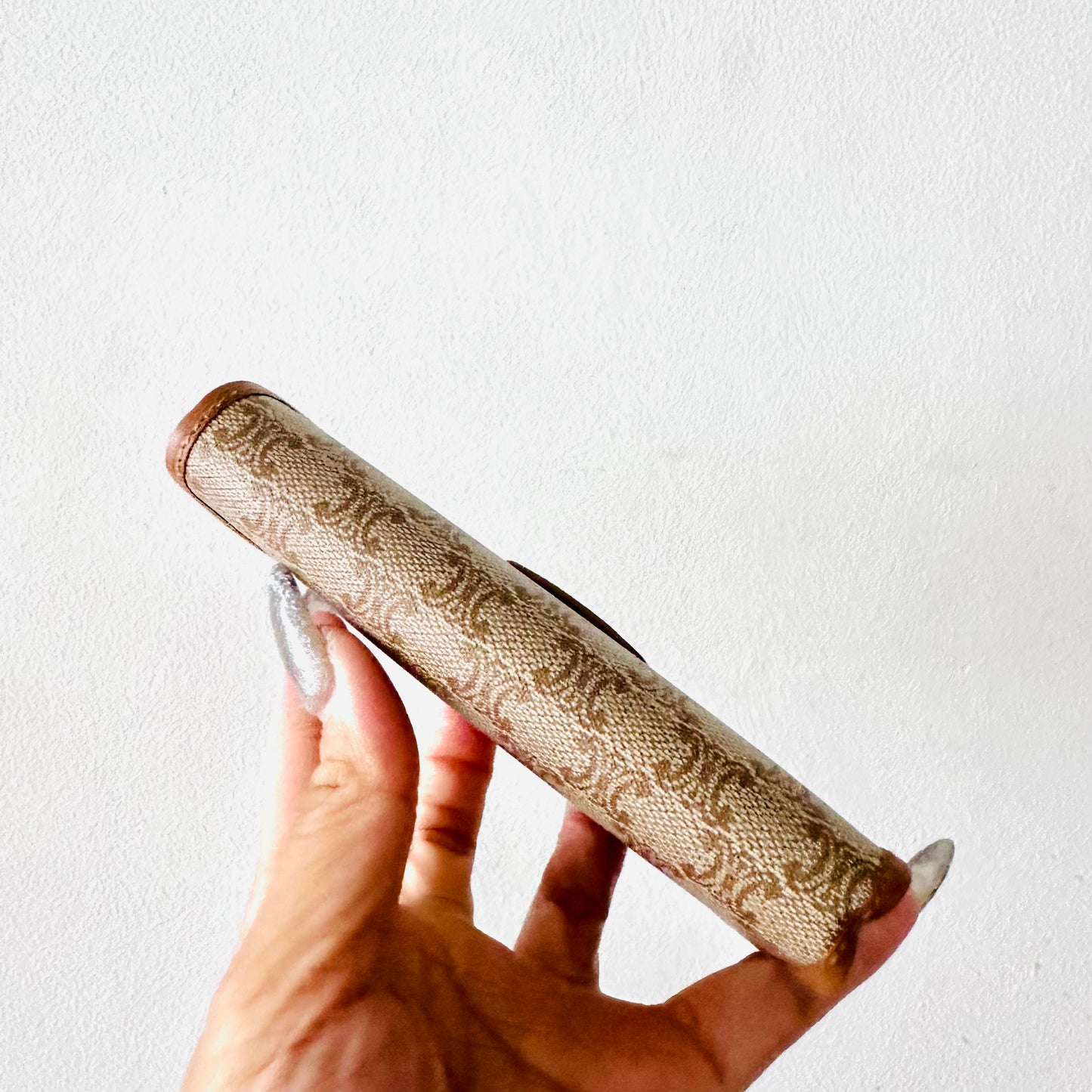 Celine Beige Triomphe Macadam Monogram Logo GHW Flap Compact Bifold Wallet