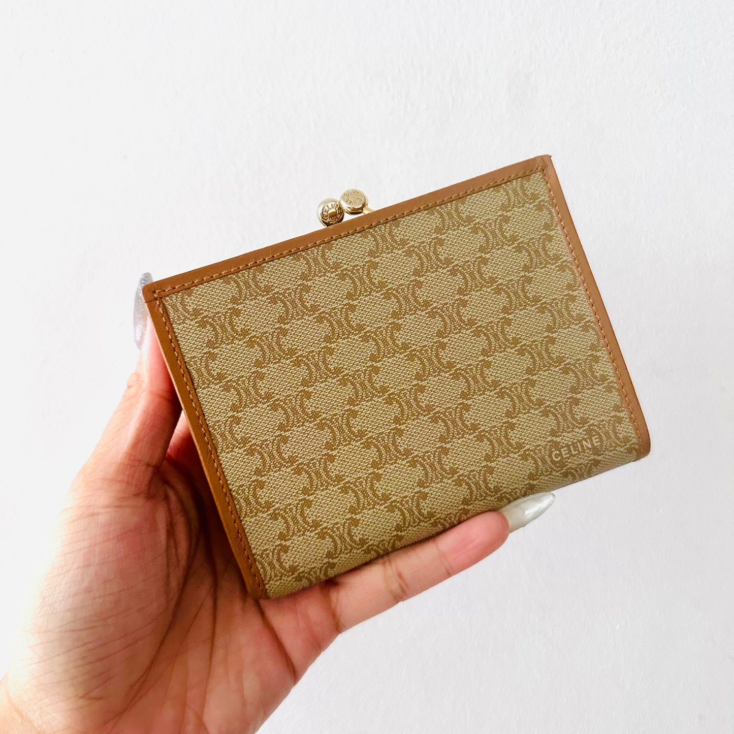 Celine Beige Triomphe Macadam Monogram Logo GHW Flap Compact Bifold Wallet