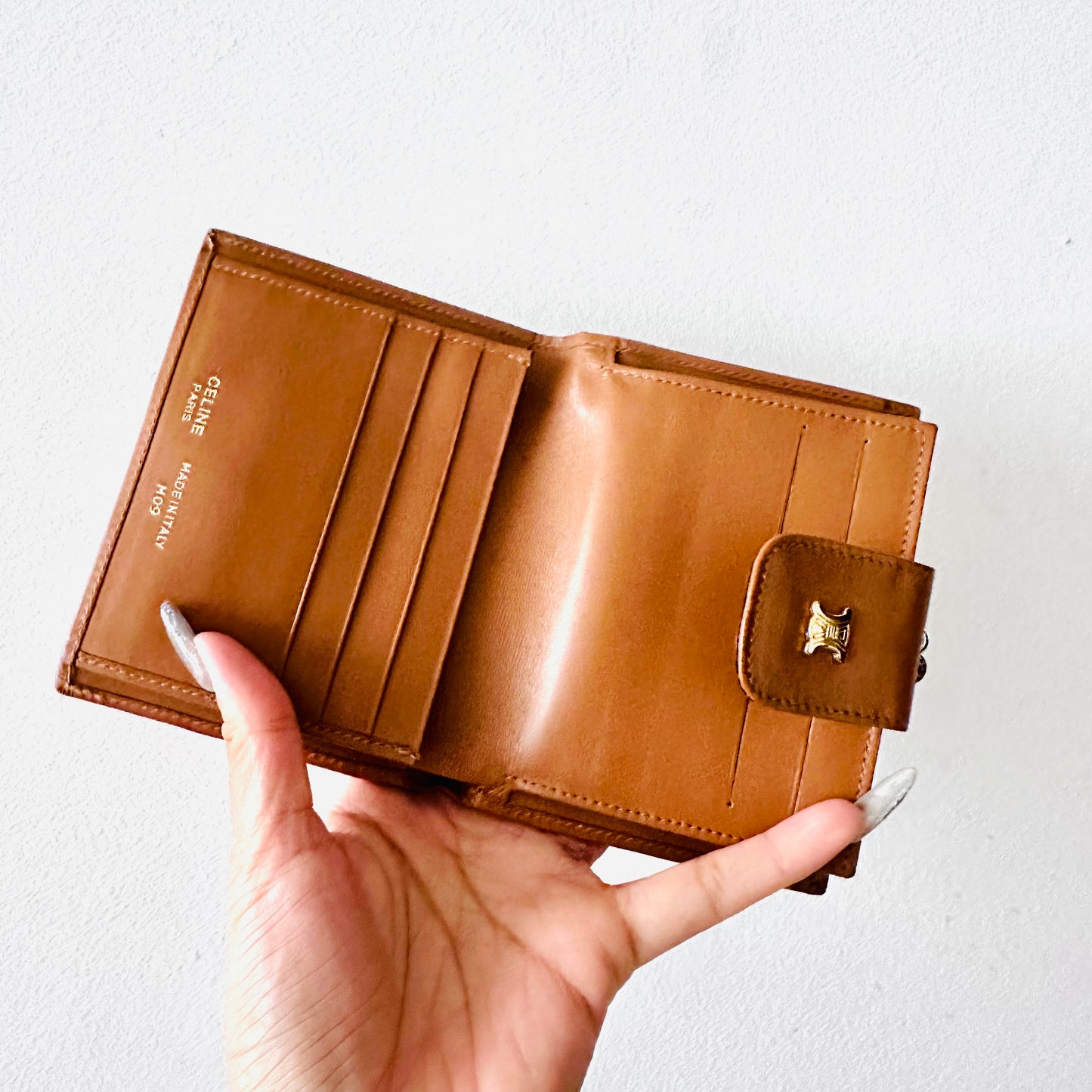 Celine Beige Triomphe Macadam Monogram Logo GHW Flap Compact Bifold Wallet