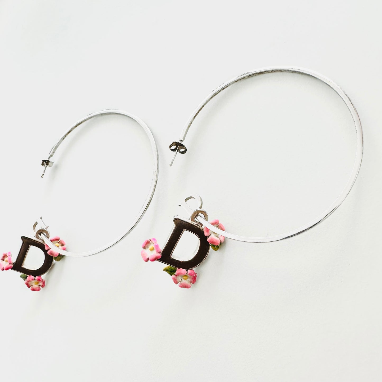 Christian Dior CD Silver Charm Pendant & Flowers Dangling Hoop Stud Earrings