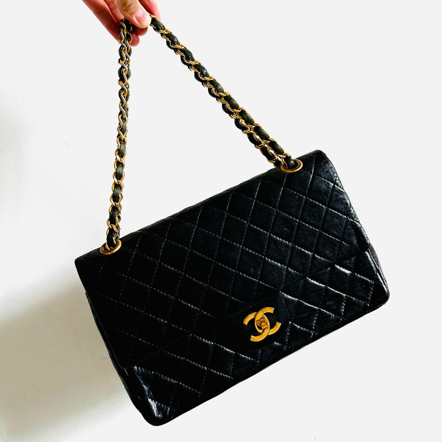 Chanel CC Black GHW Logo Medium Classic Double Flap DF Quilted Lambskin Turnlock Vintage Shoulder Sling Bag Pre Series
