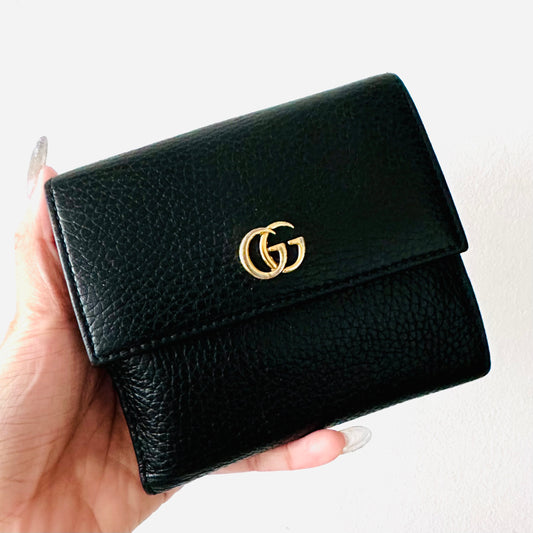 Gucci Black GHW Marmont GG Monogram Logo Leather Flap Compact Bifold Wallet