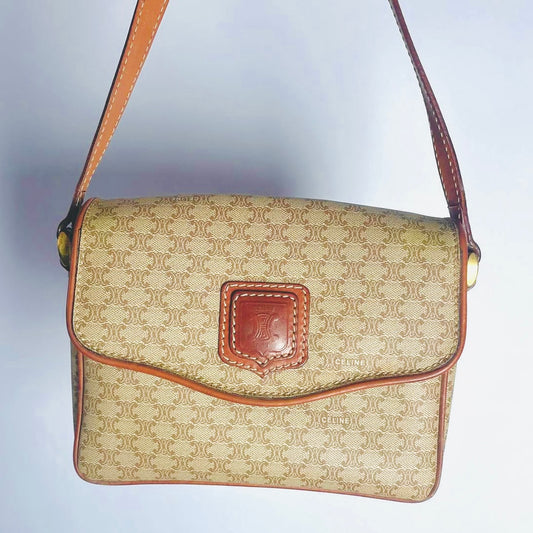 Celine Beige Triomphe Macadam Monogram Logo GHW Vintage Small Flap Shoulder Sling Bag