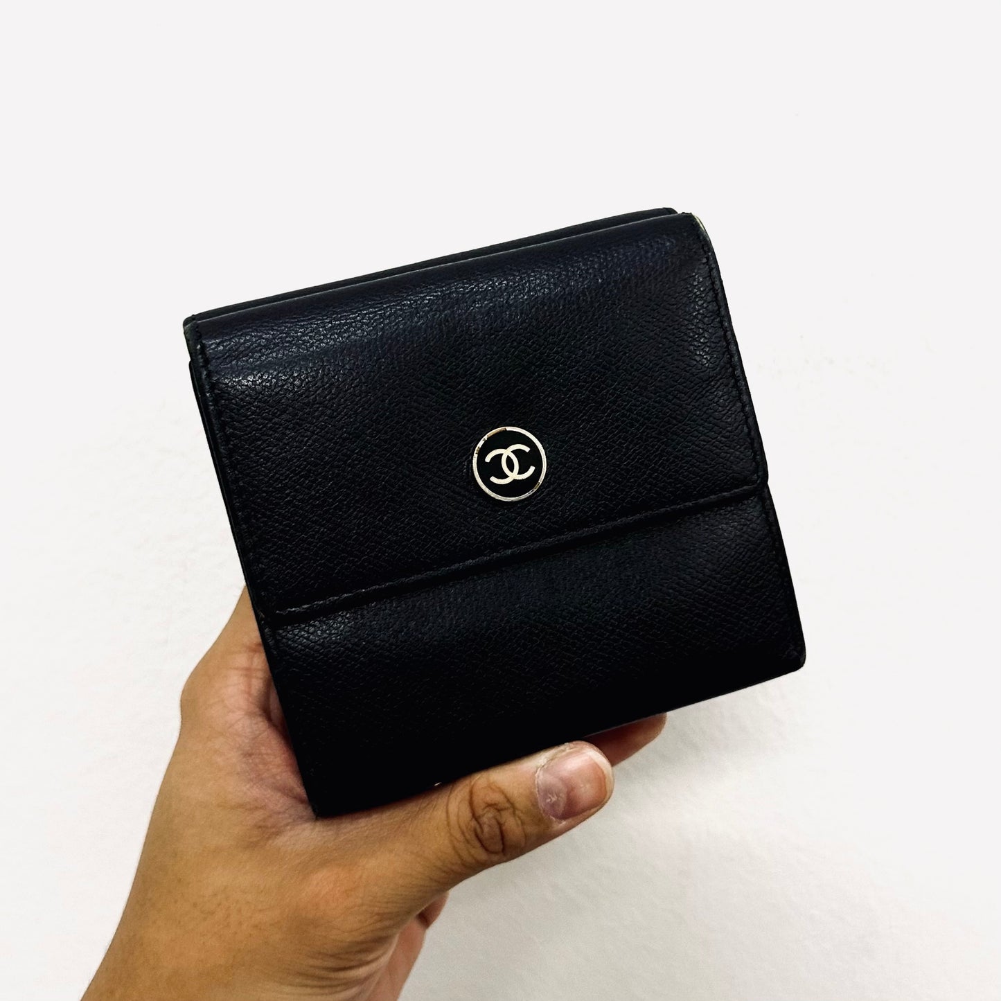 Chanel Black GHW CC Logo Grained Calfskin Vintage Compact Trifold Flap Wallet