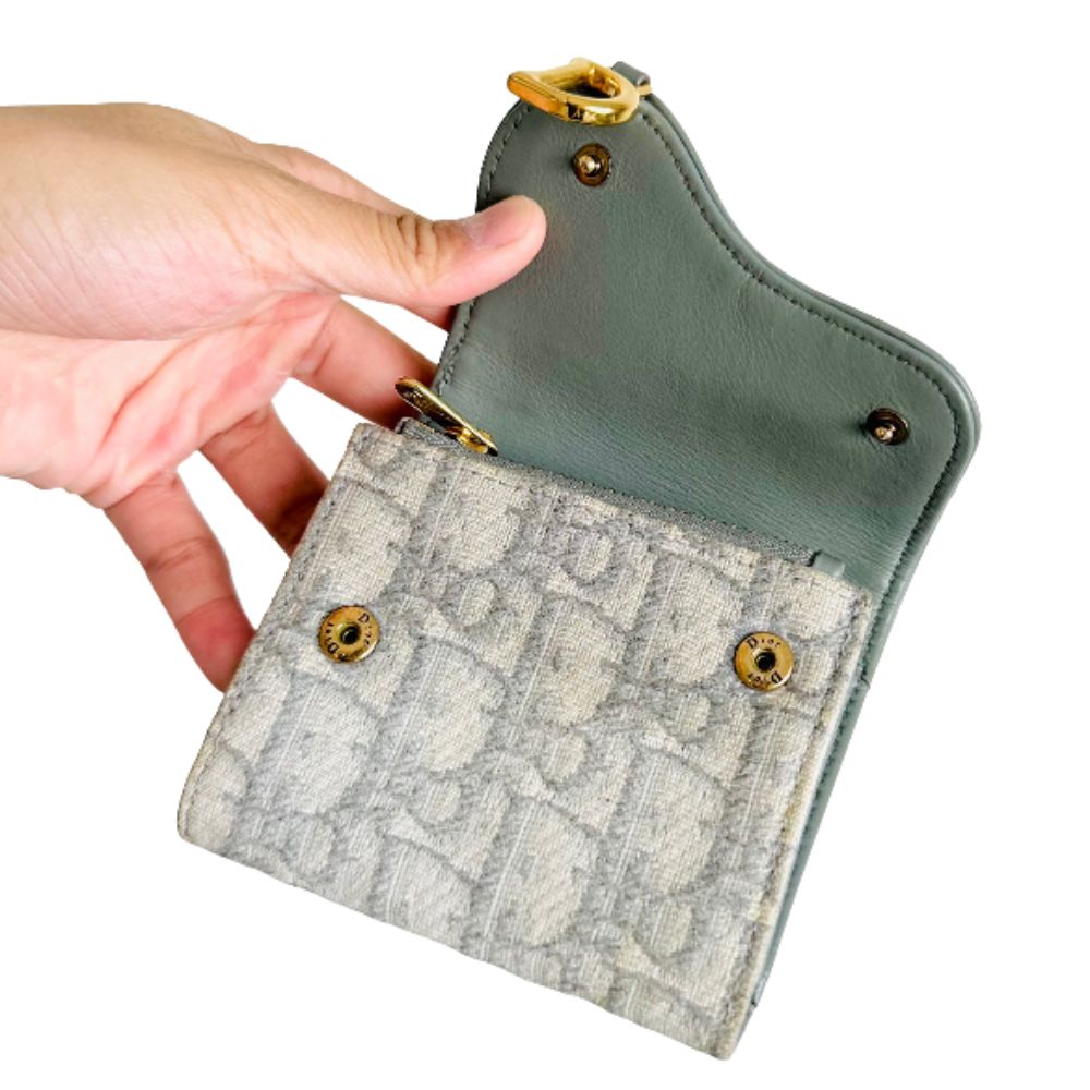Christian Dior CD Saddle Grey GHW Oblique Monogram Logo Trifold Flap Compact Wallet