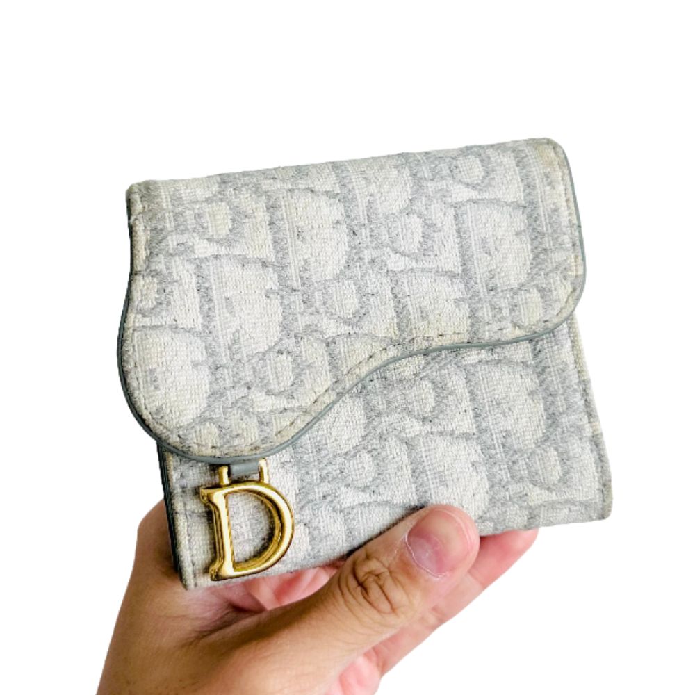 Christian Dior CD Saddle Grey GHW Oblique Monogram Logo Trifold Flap Compact Wallet