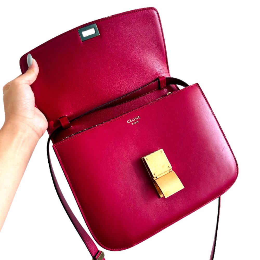 Celine Deep Red GHW Medium Classic Box Monogram Logo Smooth Leather Flap Shoulder Sling Bag