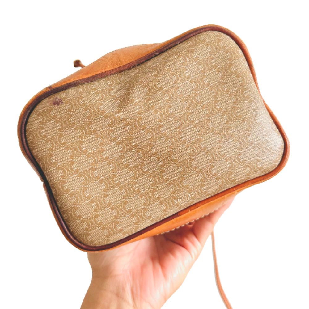 Celine Beige Triomphe GHW Macadam Monogram Logo Vintage Mini Shoulder Bucket Bag
