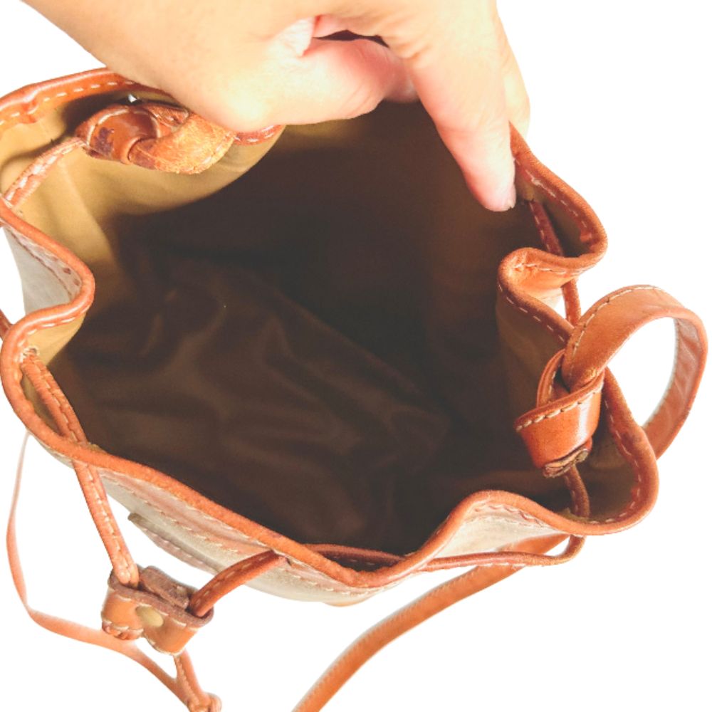 Celine Beige Triomphe GHW Macadam Monogram Logo Vintage Mini Shoulder Bucket Bag