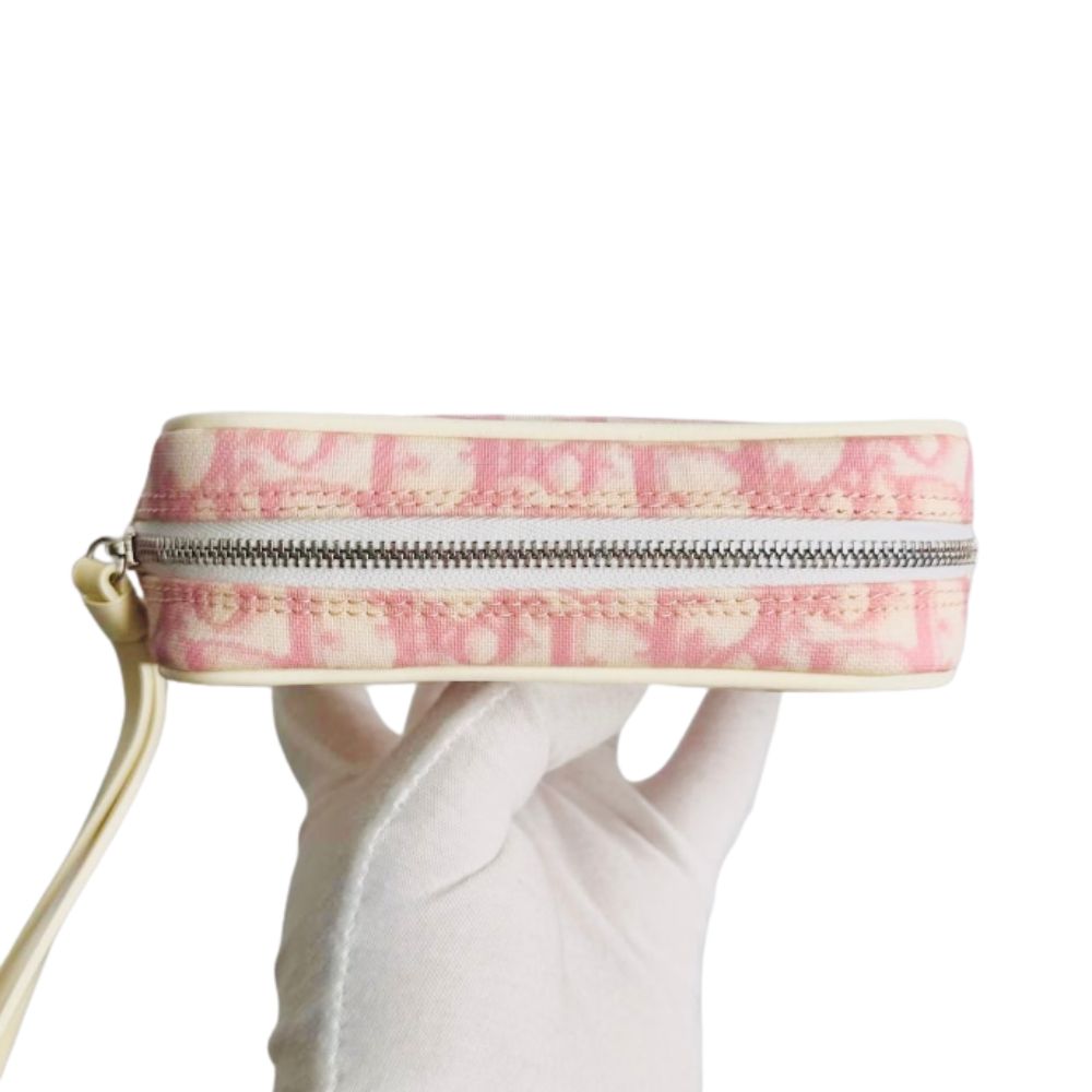 Christian Dior CD Diorissimo Pink Oblique Monogram Logo Zip Wrislet Cosmetic Pouch Clutch Case