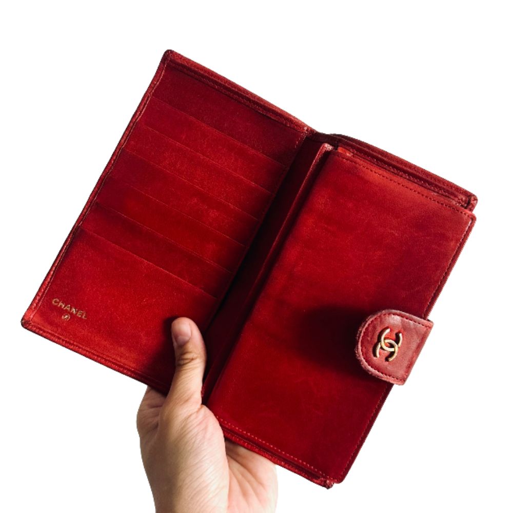 Chanel Red GHW Quilted Lambskin Leather CC Logo Flap Bifold Long Wallet 3s