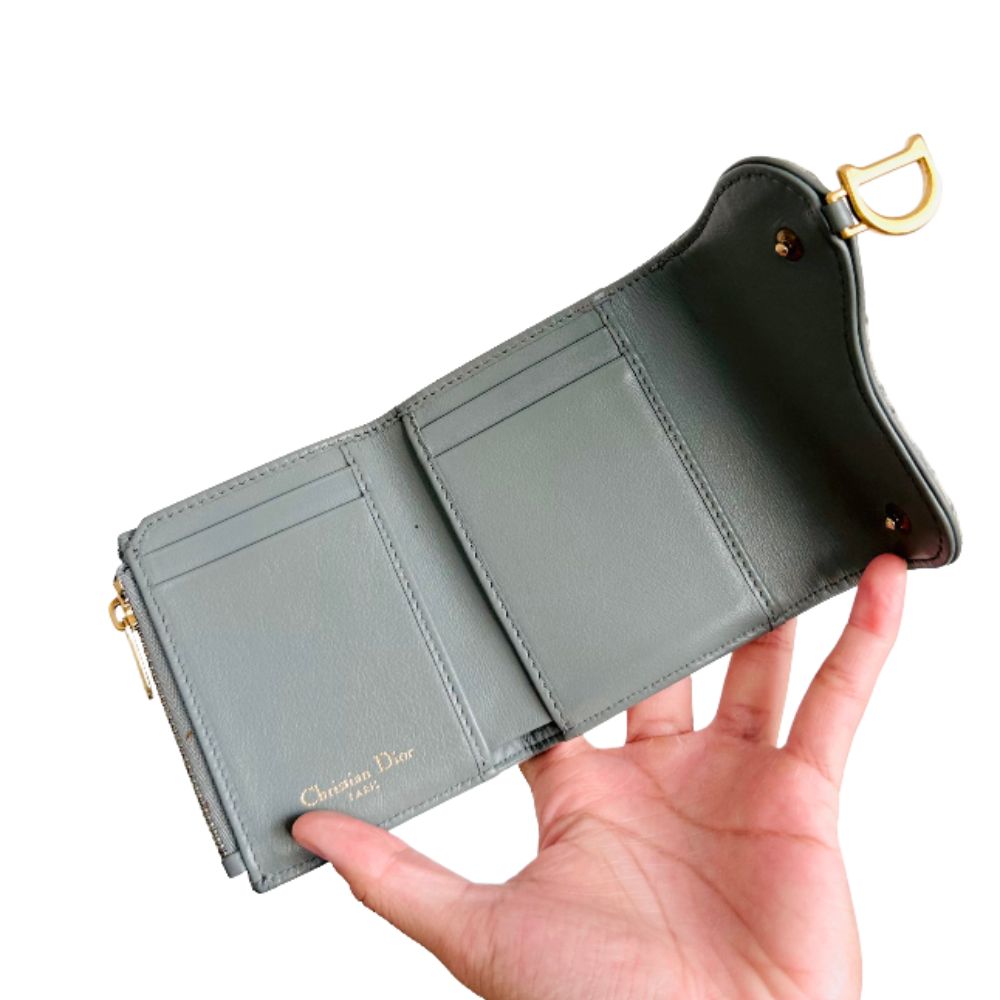 Christian Dior CD Saddle Grey GHW Oblique Monogram Logo Trifold Flap Compact Wallet