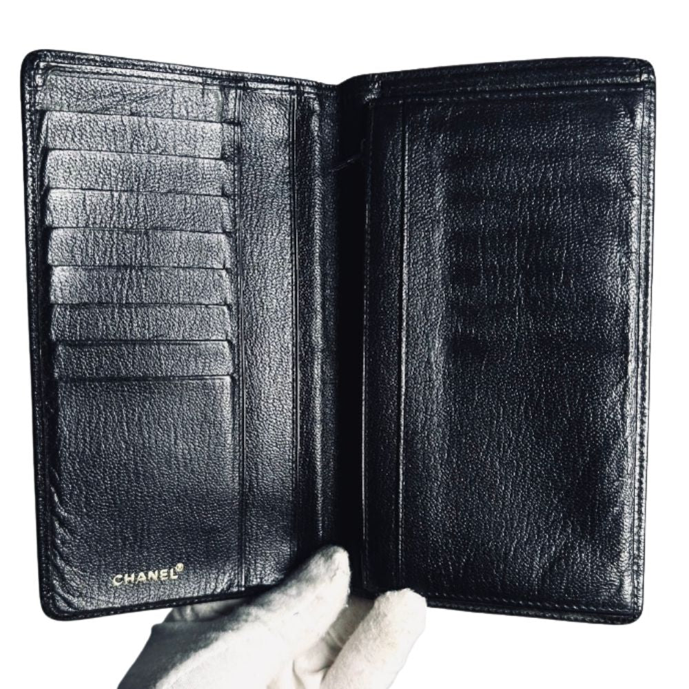 Chanel CC Black Chevre Leather Monogram Logo Bifold Long Wallet 8s