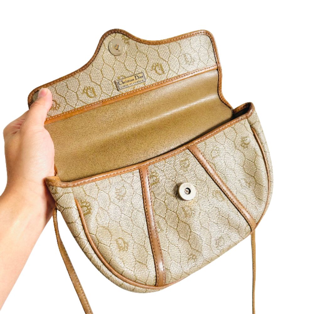 Christian Dior CD Beige Honeycomb Oblique Monogram Logo Vintage Flap Small Shoulder Sling Bag