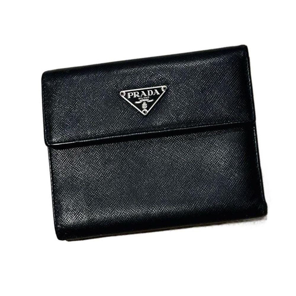 Prada Black Saffiano Leather Flap Compact Wallet
