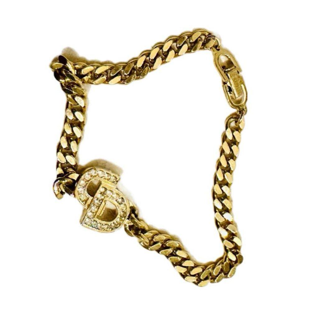 (Up to 17.5cm) Christian Dior CD Logo Chunky Chain Bracelet in Gold and Crystals
