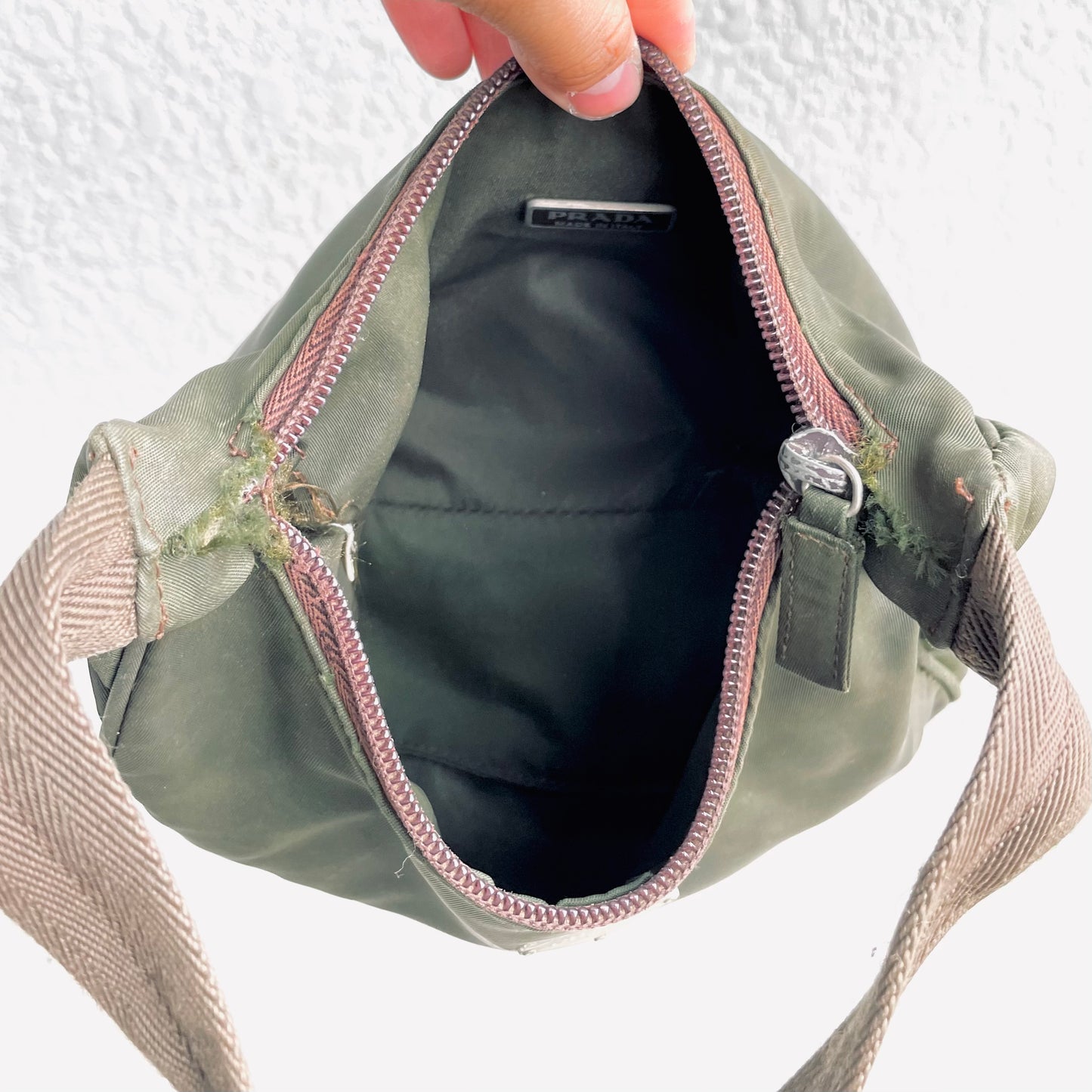Prada Dark Khaki Tessuto Classic Logo Nylon Hobo Pochette Shoulder Bag
