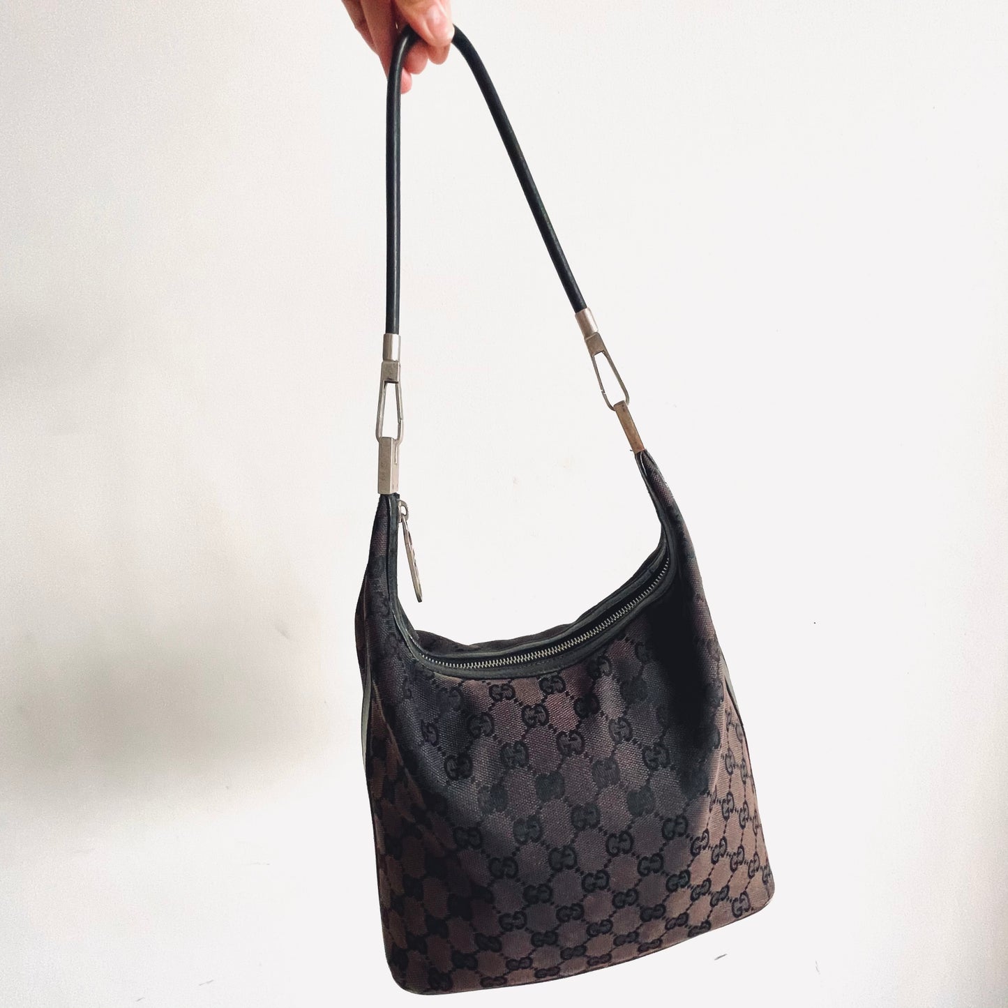 Gucci Dark Brown / Black GG Monogram Logo Hobo Baguette Small Convertible Shoulder Bag