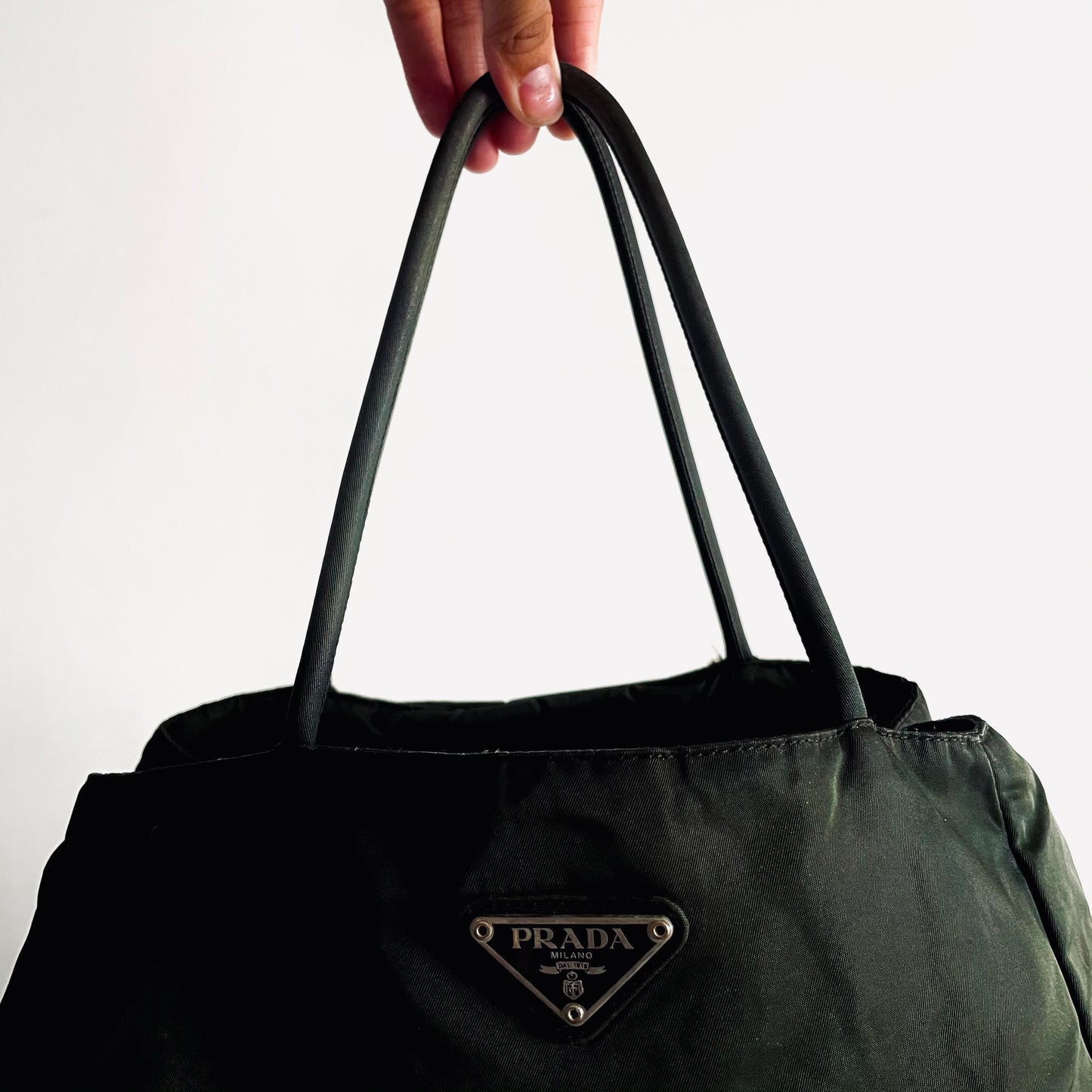 Prada Dark Green Khaki Tessuto Classic Logo Nylon Triangular Structured Tote Bag