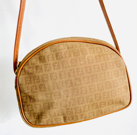 Fendi Zucca FF Beige Monogram Logo Vintage Camera Shoulder Sling Bag