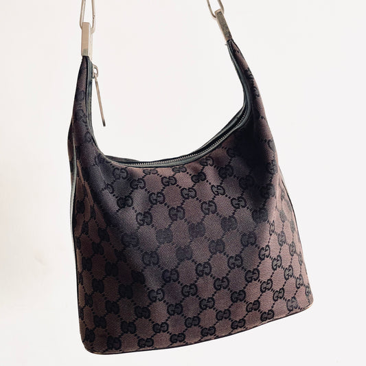Gucci Dark Brown / Black GG Monogram Logo Hobo Baguette Small Convertible Shoulder Bag