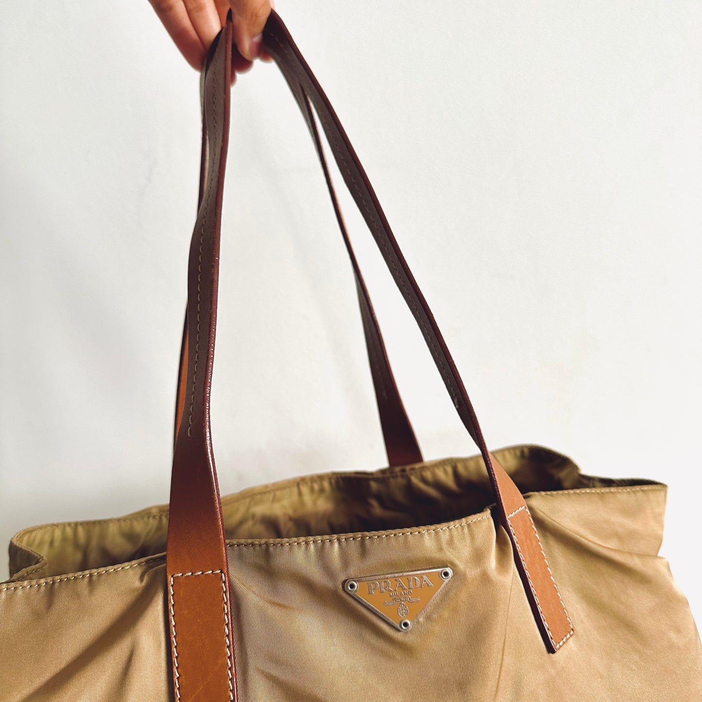 Prada Beige Khaki Logo Nylon & Leather Classic Shopper Shoulder Tote Bag