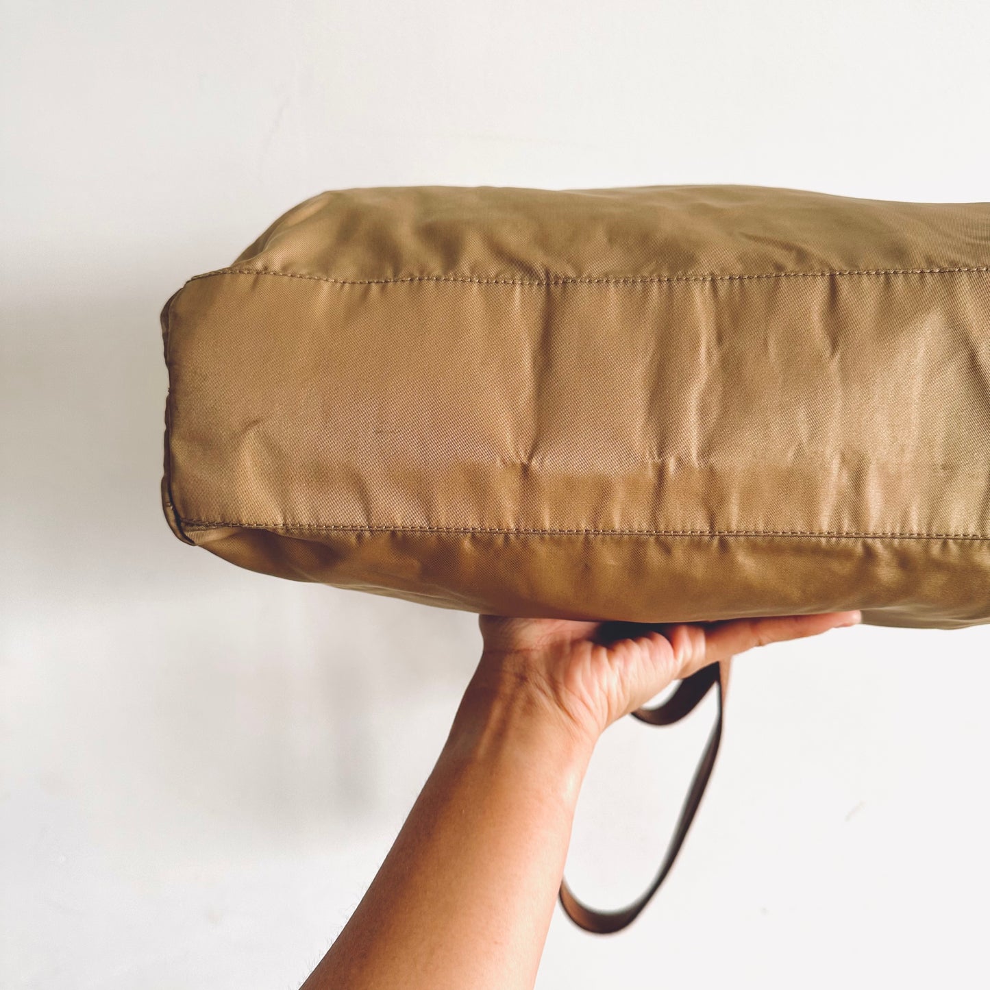 Prada Beige Khaki Logo Nylon & Leather Classic Shopper Shoulder Tote Bag