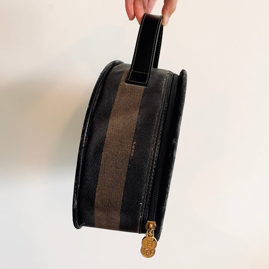 Fendi Pequin Striped FF Monogram Logo Bowling Oval Rounded Top Handle Vanity Case Bag