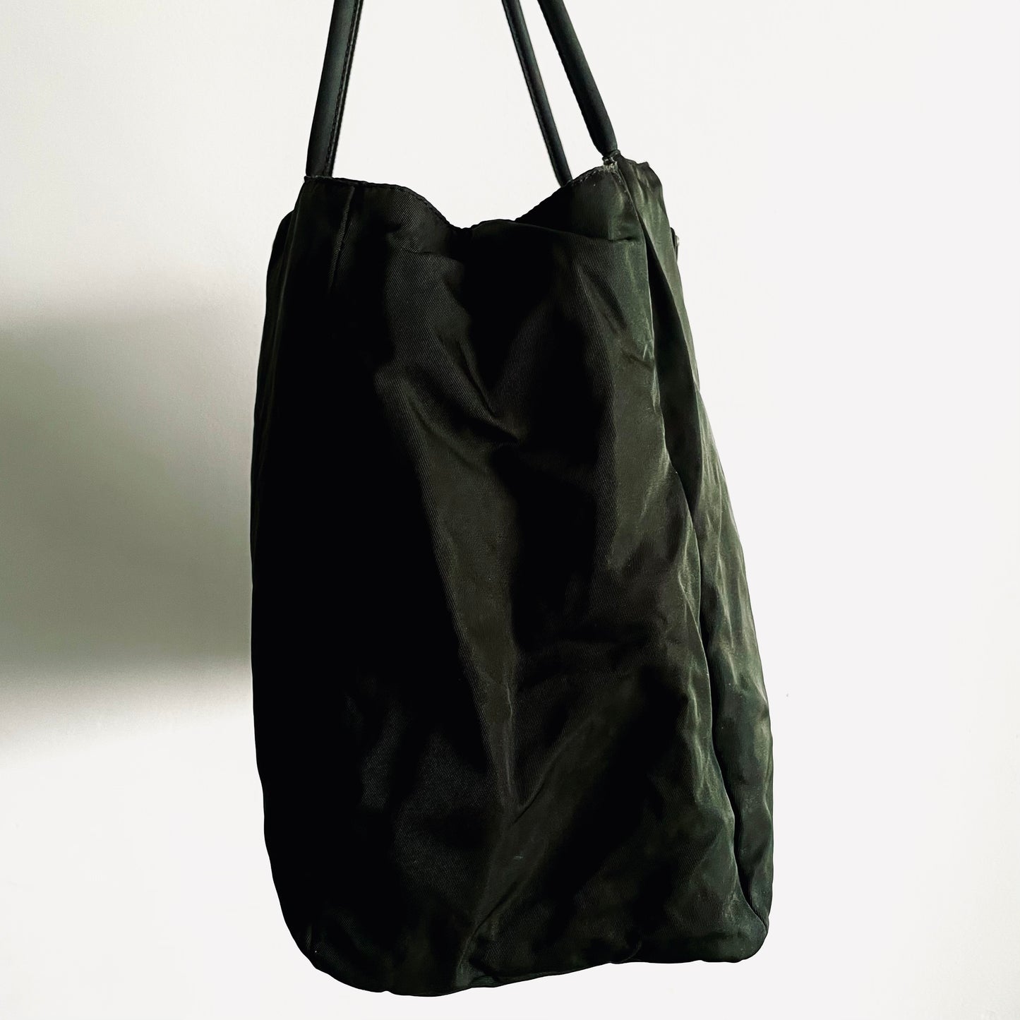 Prada Dark Green Khaki Tessuto Classic Logo Nylon Triangular Structured Tote Bag