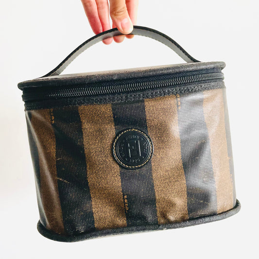 Fendi Pequin Striped FF Logo Monogram Small Vanity Case Top Handle Bag