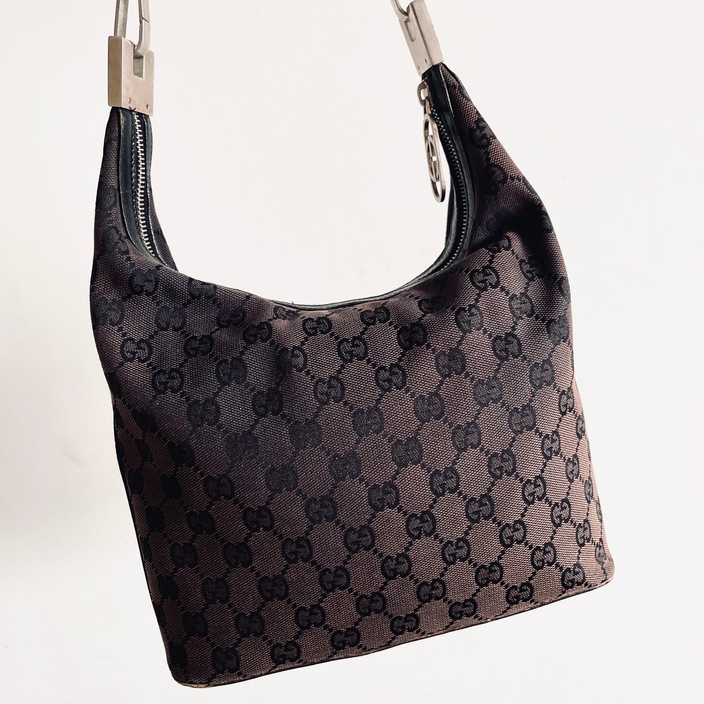 Gucci Dark Brown / Black GG Monogram Logo Hobo Baguette Small Convertible Shoulder Bag