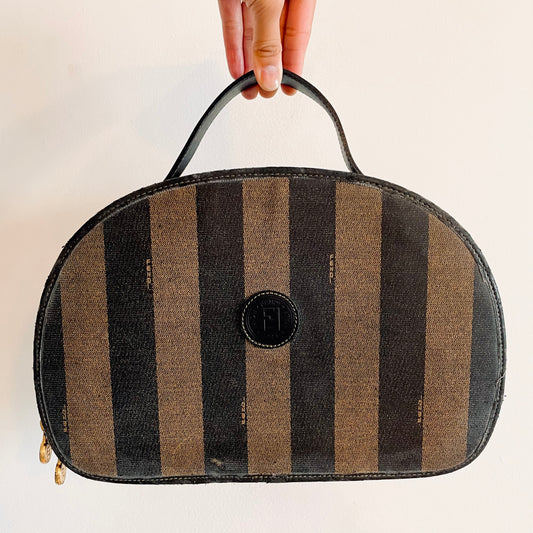Fendi Pequin Striped FF Monogram Logo Bowling Oval Rounded Top Handle Vanity Case Bag
