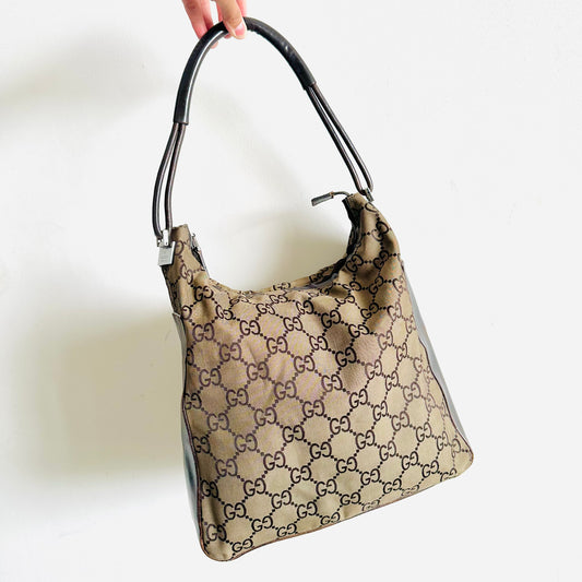 Gucci Beige / Brown Giant GG Monogram Logo Hobo Baguette Shoulder Bag