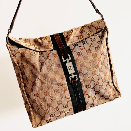Gucci Jackie Beige GG Monogram Logo Top Handle Flap Bag