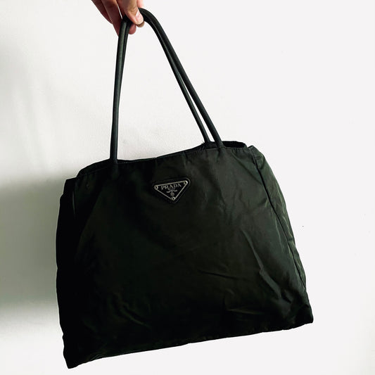 Prada Dark Green Khaki Tessuto Classic Logo Nylon Triangular Structured Tote Bag